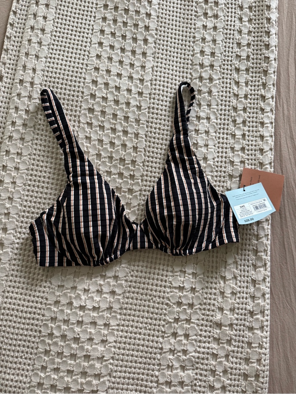 NEW Shade & Shore Black and Cream Striped Underwire Bikini Top‎ Size 34C